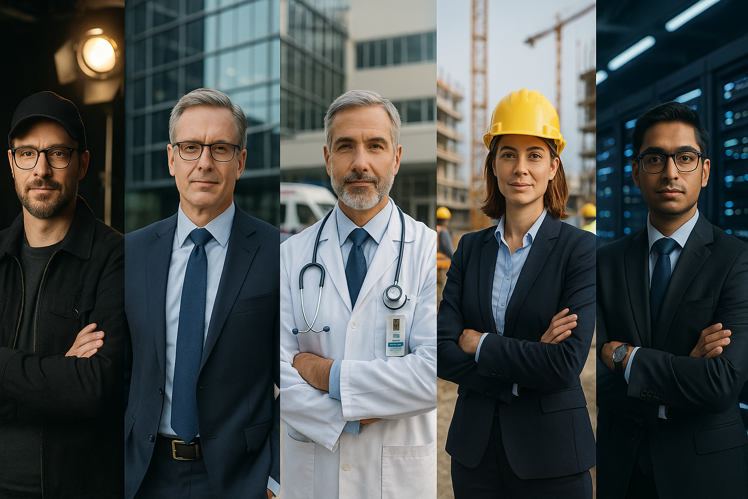 fotografia de 5 diferentes directores vestidos profesionalmente, cada uno frente a la actividad de la industria en que trabajan